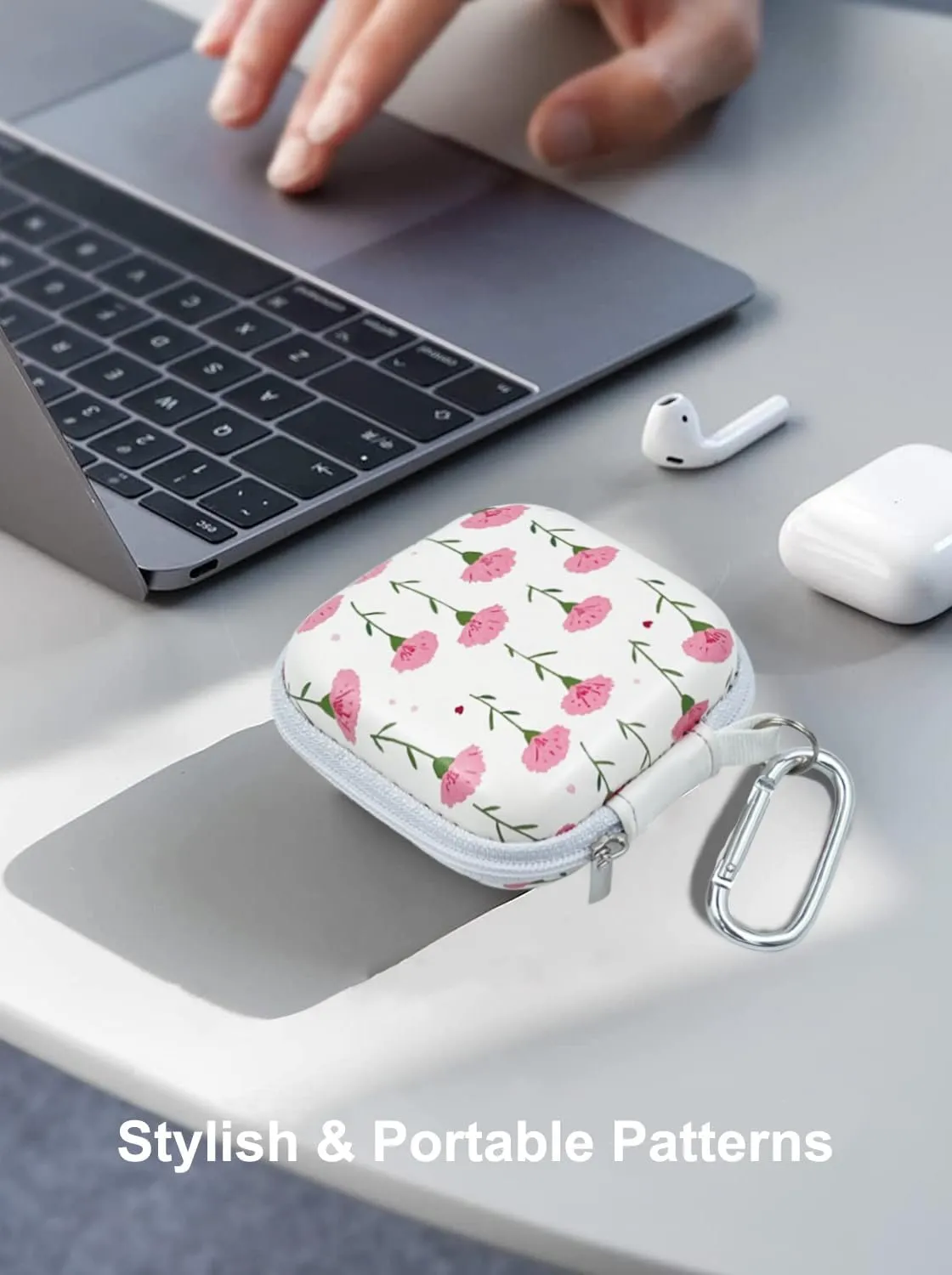 Square Earbud Case Headphone Organizer Ear Bud Case Portable EVA Carrying Box Storage Bag with Carabiner for AirPods Beats Bose Galaxy Buds 3 Data Cable Storage (Pink Carnation)