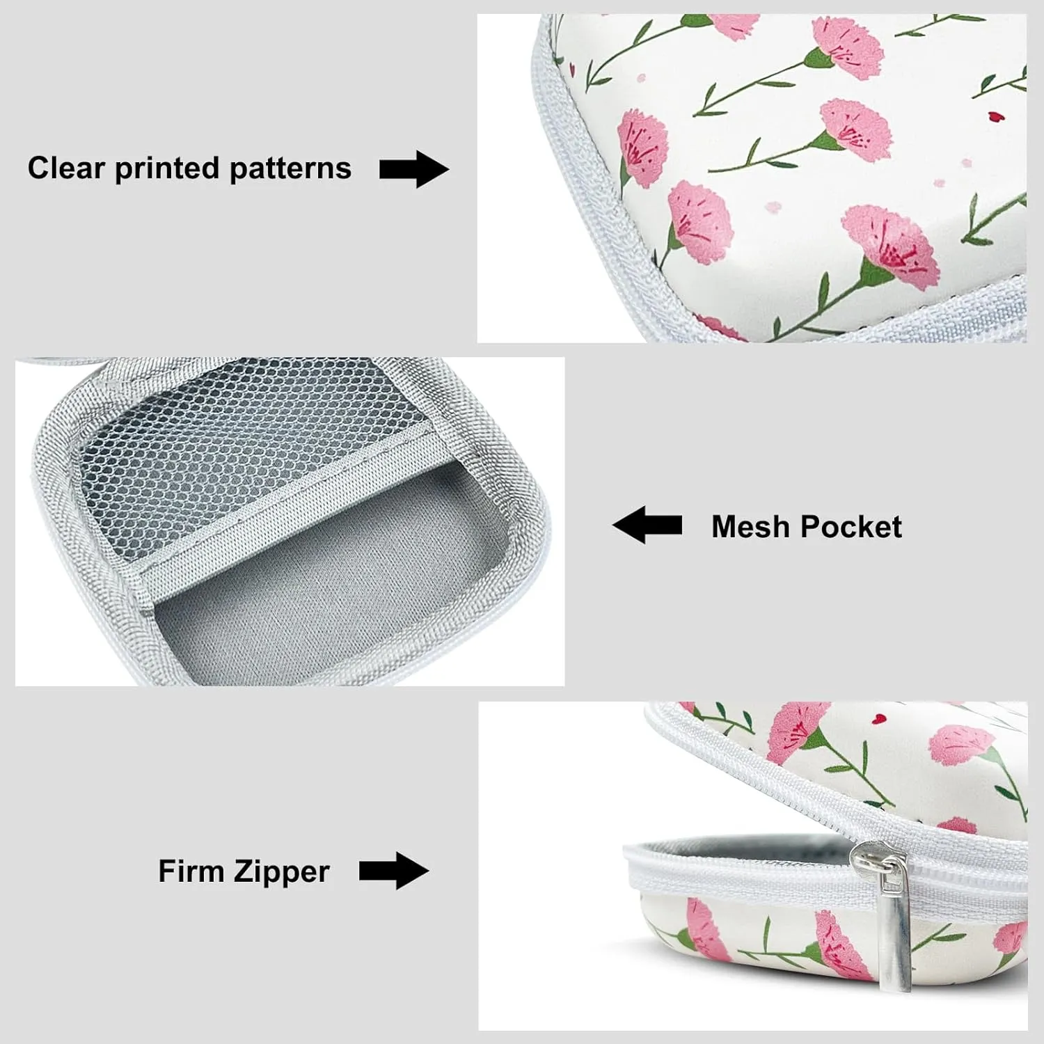 Square Earbud Case Headphone Organizer Ear Bud Case Portable EVA Carrying Box Storage Bag with Carabiner for AirPods Beats Bose Galaxy Buds 3 Data Cable Storage (Pink Carnation)