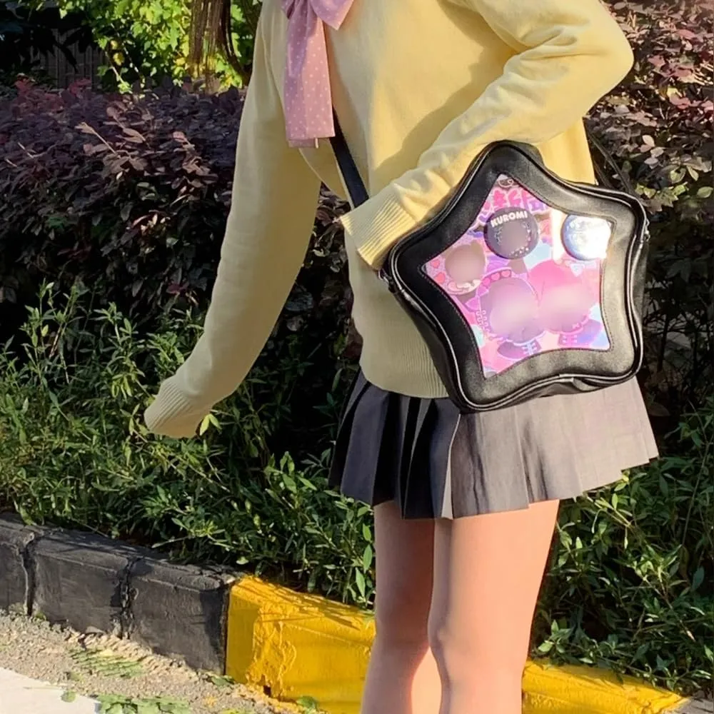 Star Shape Ita Bag Pins Display Crossbody Bag PU Leather Backpack Y2k Aesthetic Cute Handbag (Black)