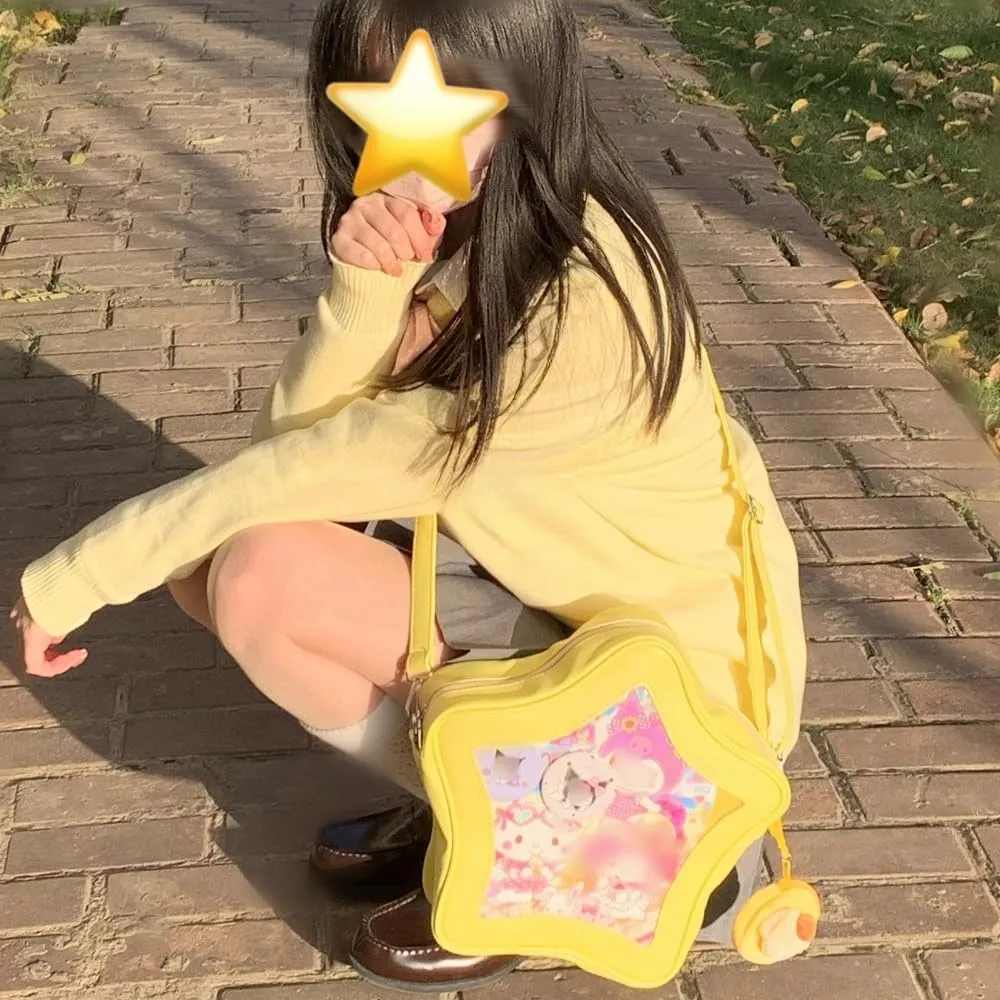 Star Shape Ita Bag Pins Display Crossbody Bag PU Leather Backpack Y2k Aesthetic Cute Handbag (Yellow)