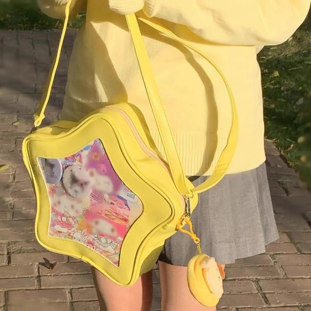 Star Shape Ita Bag Pins Display Crossbody Bag PU Leather Backpack Y2k Aesthetic Cute Handbag (Yellow)