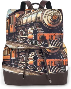 Steam Locomotive Transport Leather Backpack for Women, Train Laptop Backpack Purse Water Resistant Ladies Bookbag Travel Work Daypacks