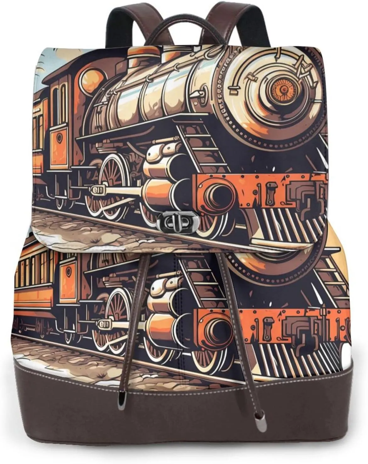 Steam Locomotive Transport Leather Backpack for Women, Train Laptop Backpack Purse Water Resistant Ladies Bookbag Travel Work Daypacks