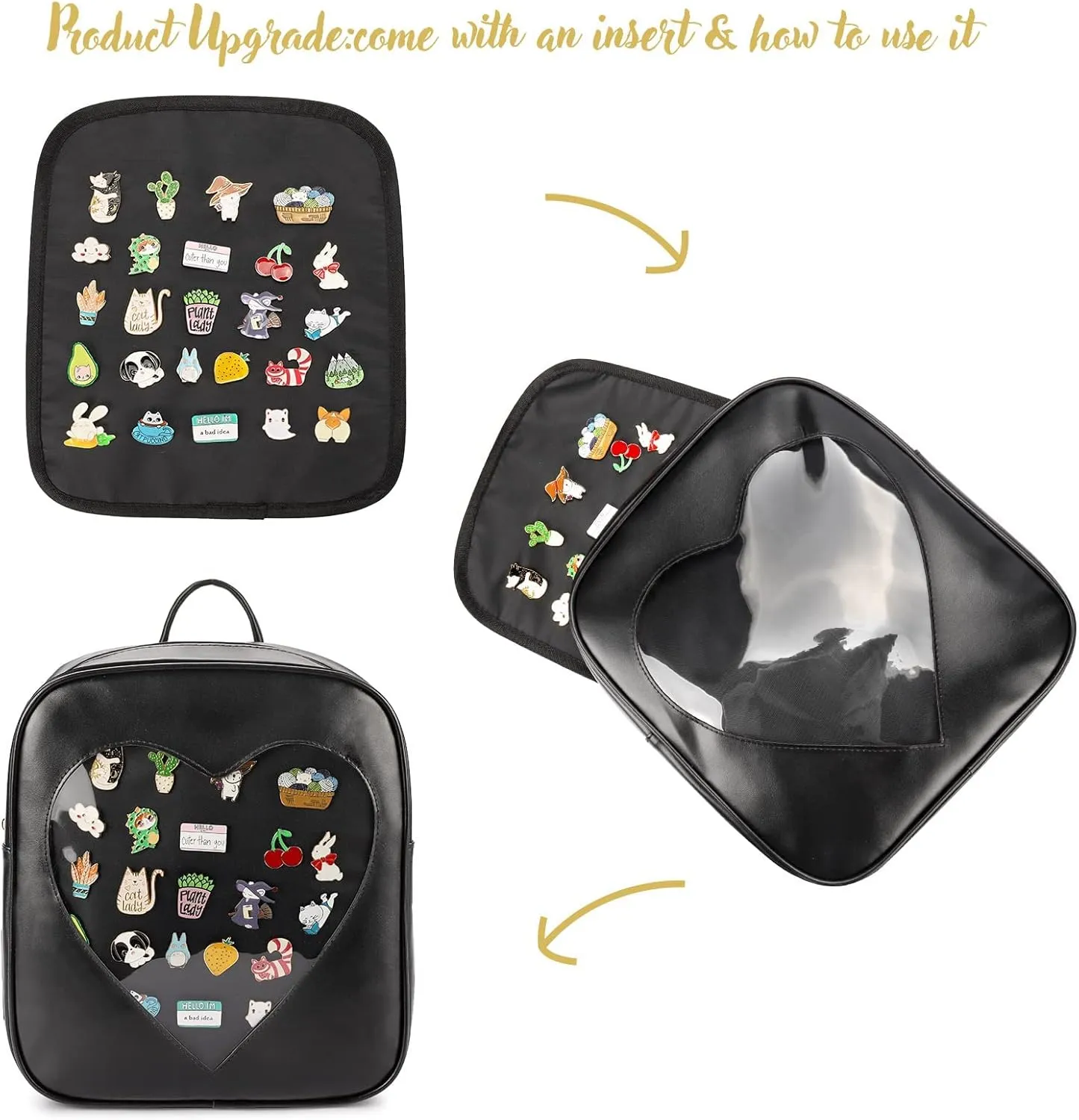 STEAMEDBUN Ita Bag Backpack Heart Shaped Black Pin Display Backpack with Insert