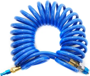 Steelman 25-Foot 3/8-Inch ID Coiled Air Hose with Reusable 1/4-Inch NPT Brass Fittings, Quick Connect Universal AMT Style Coupler and T-Style Automotive Plug, Kink Resistant Polyurethane Tubing
