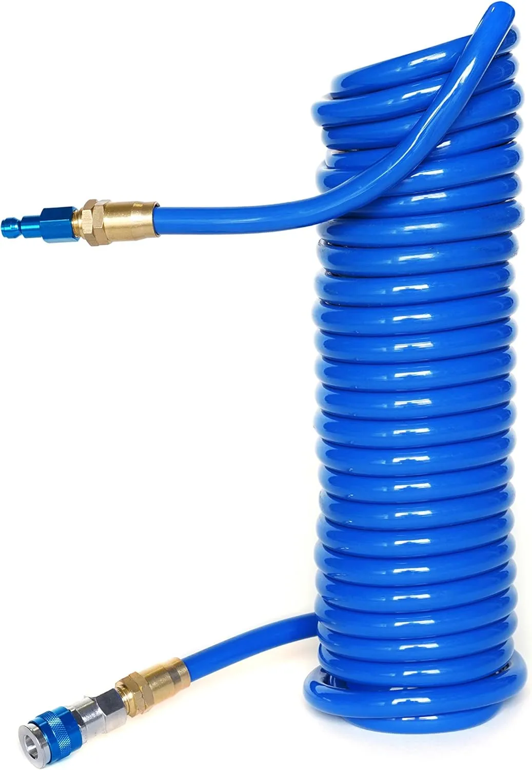 Steelman 25-Foot 3/8-Inch ID Coiled Air Hose with Reusable 1/4-Inch NPT Brass Fittings, Quick Connect Universal AMT Style Coupler and T-Style Automotive Plug, Kink Resistant Polyurethane Tubing