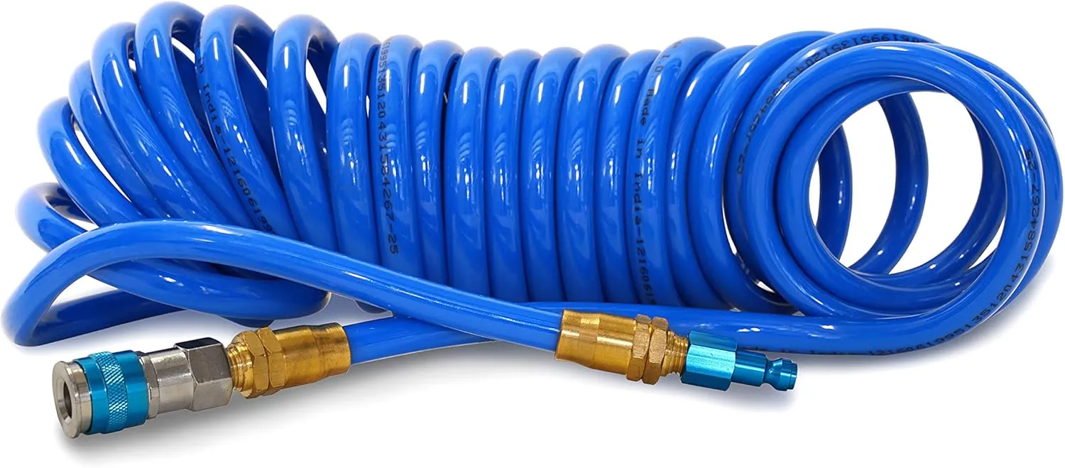 Steelman 25-Foot 3/8-Inch ID Coiled Air Hose with Reusable 1/4-Inch NPT Brass Fittings, Quick Connect Universal AMT Style Coupler and T-Style Automotive Plug, Kink Resistant Polyurethane Tubing