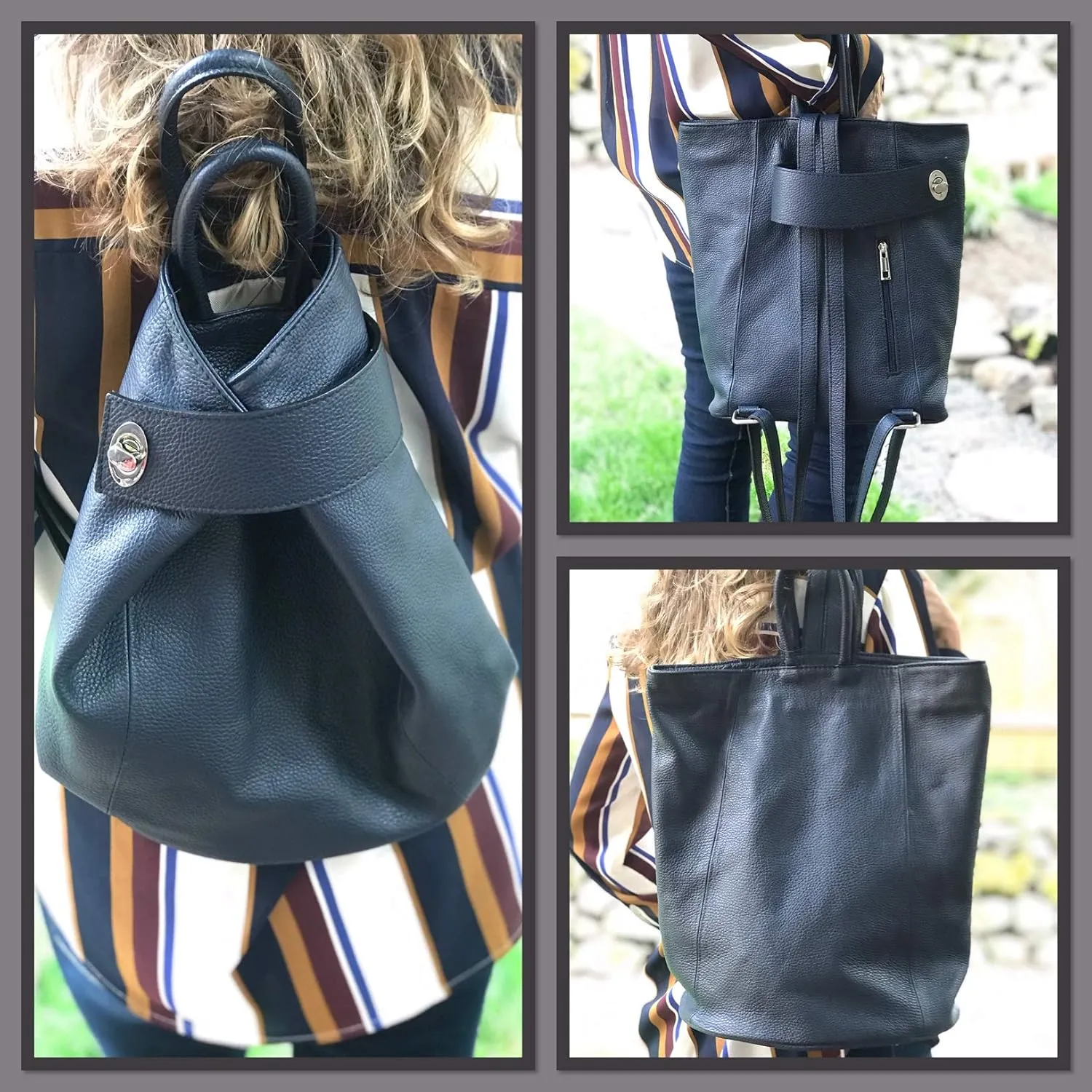 Stella Convertible Leather Backpack Purse – Casual Travel Tote Bag Dark Navy Blue