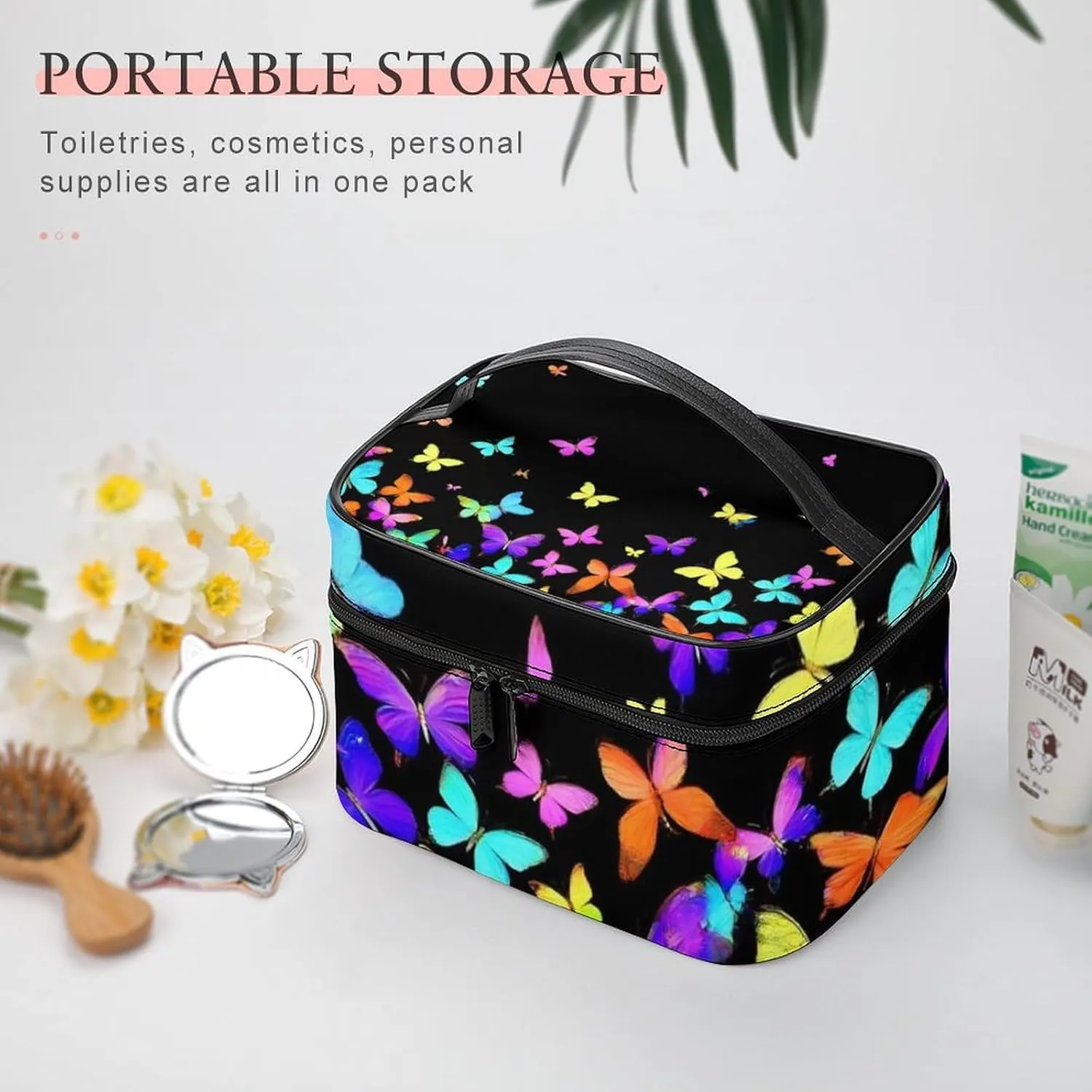 Stylish Cosmetic Bag for Women, Travel Toiletry Storage Bag with with Zipper Pouch Black Colorful Butterfly Makeup Organizer Case