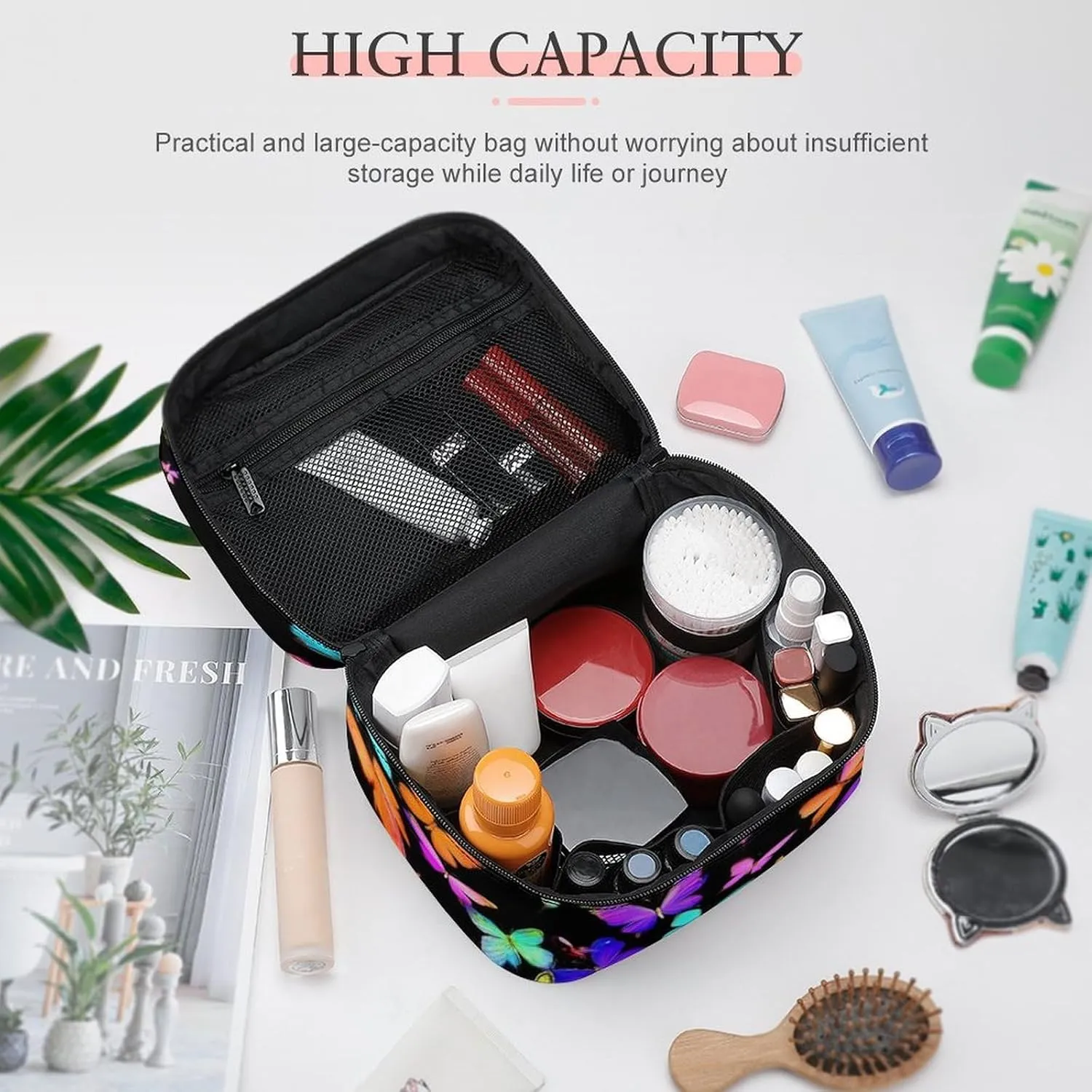 Stylish Cosmetic Bag for Women, Travel Toiletry Storage Bag with with Zipper Pouch Black Colorful Butterfly Makeup Organizer Case