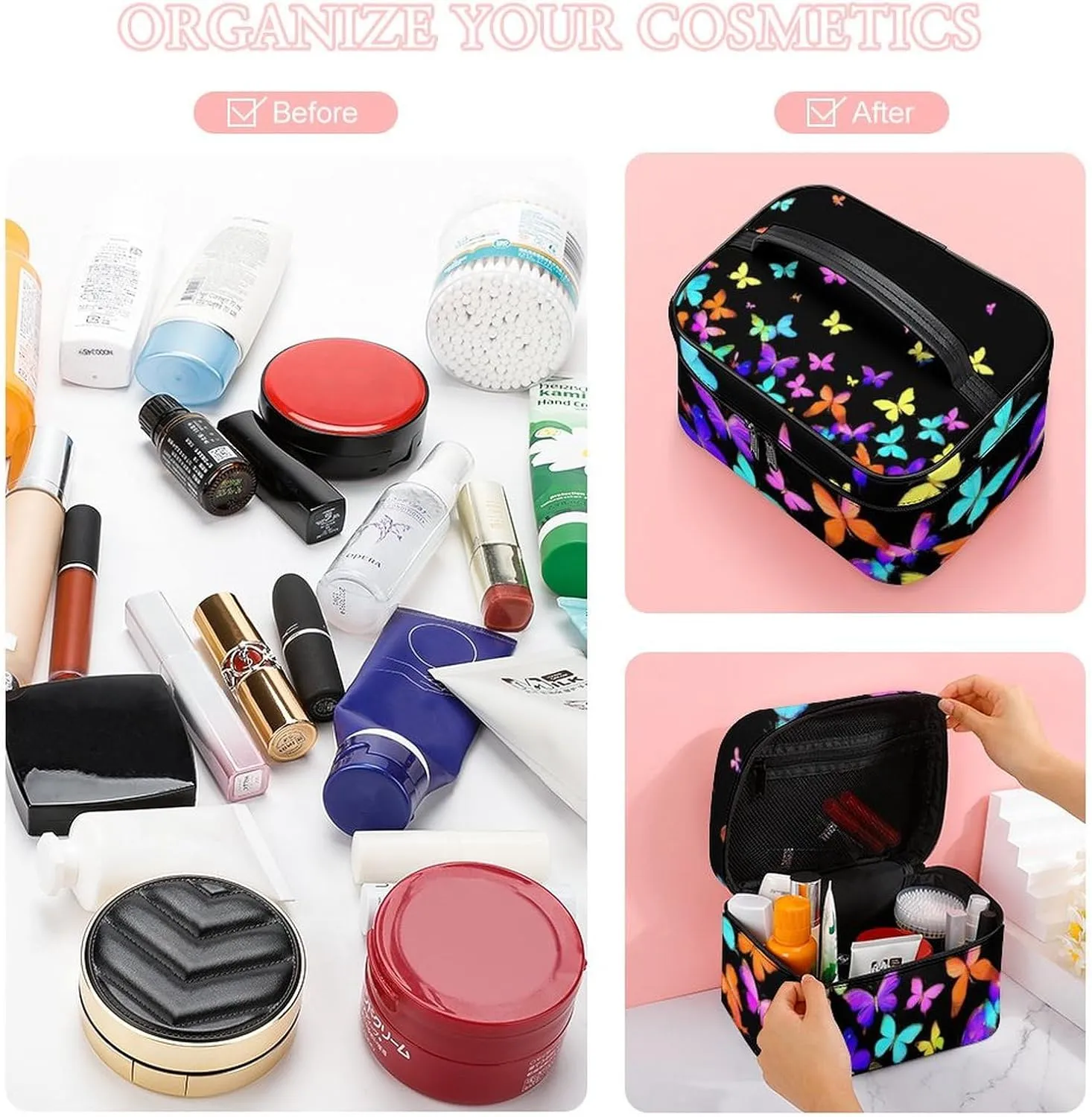 Stylish Cosmetic Bag for Women, Travel Toiletry Storage Bag with with Zipper Pouch Black Colorful Butterfly Makeup Organizer Case