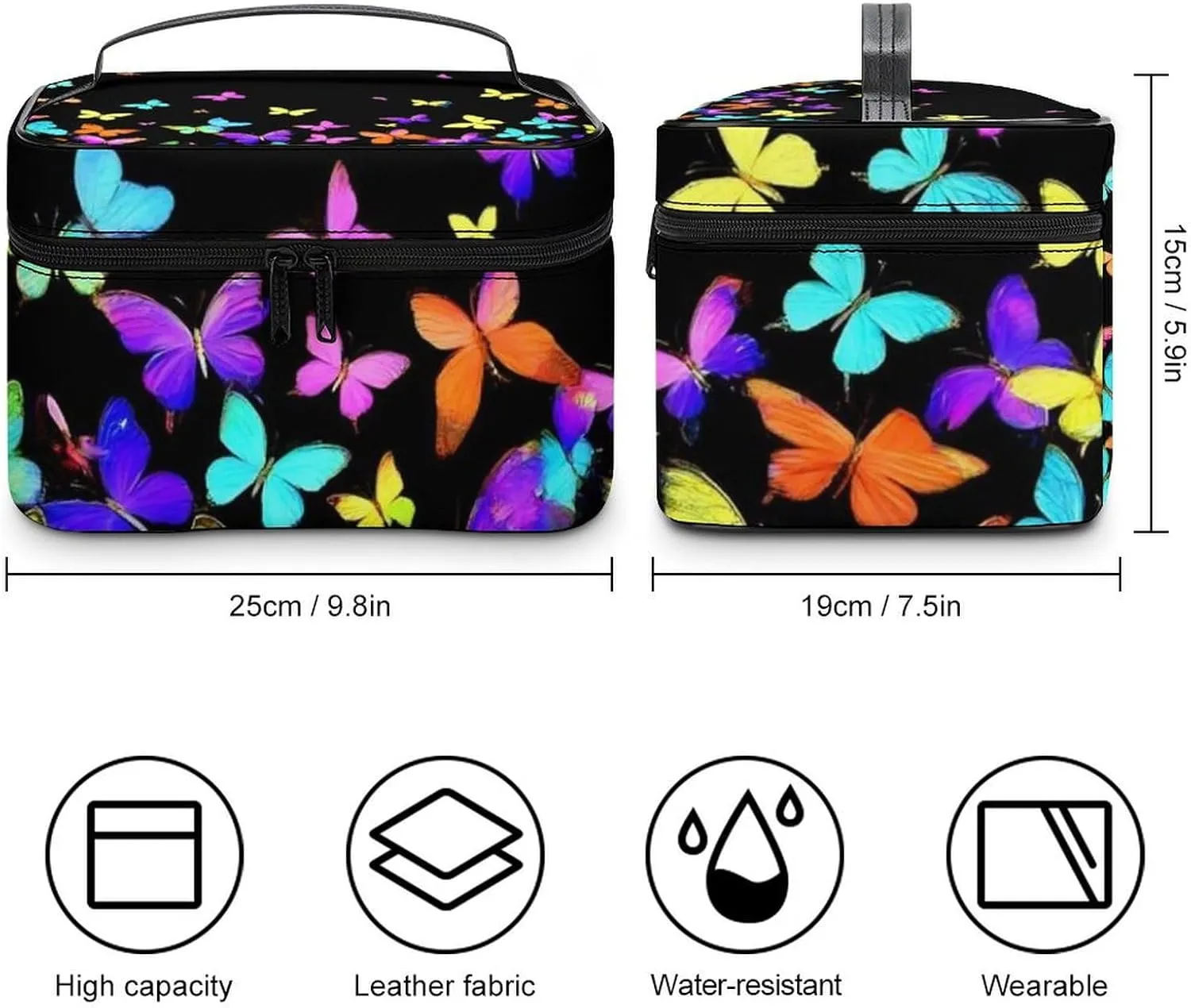 Stylish Cosmetic Bag for Women, Travel Toiletry Storage Bag with with Zipper Pouch Black Colorful Butterfly Makeup Organizer Case
