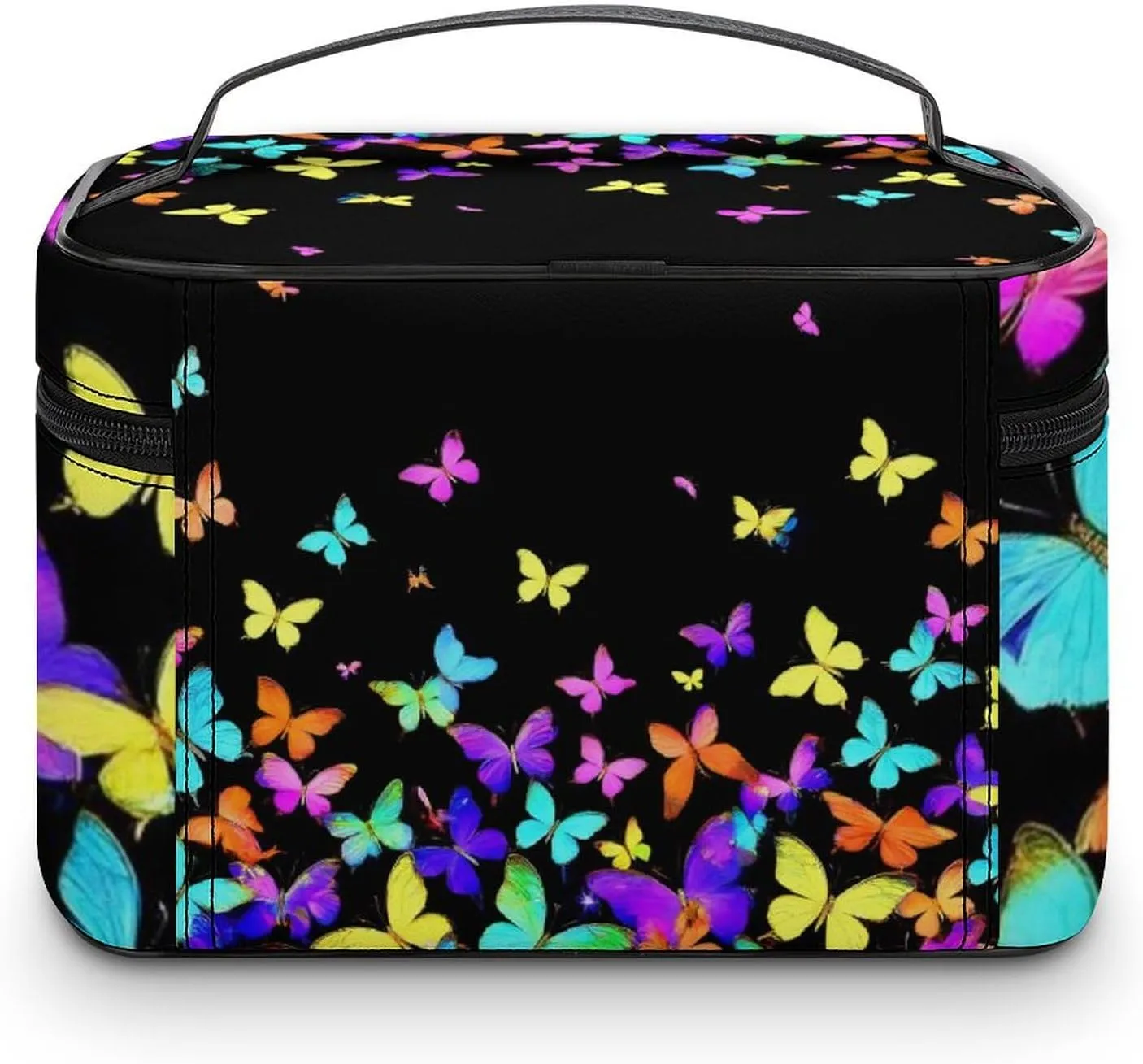 Stylish Cosmetic Bag for Women, Travel Toiletry Storage Bag with with Zipper Pouch Black Colorful Butterfly Makeup Organizer Case