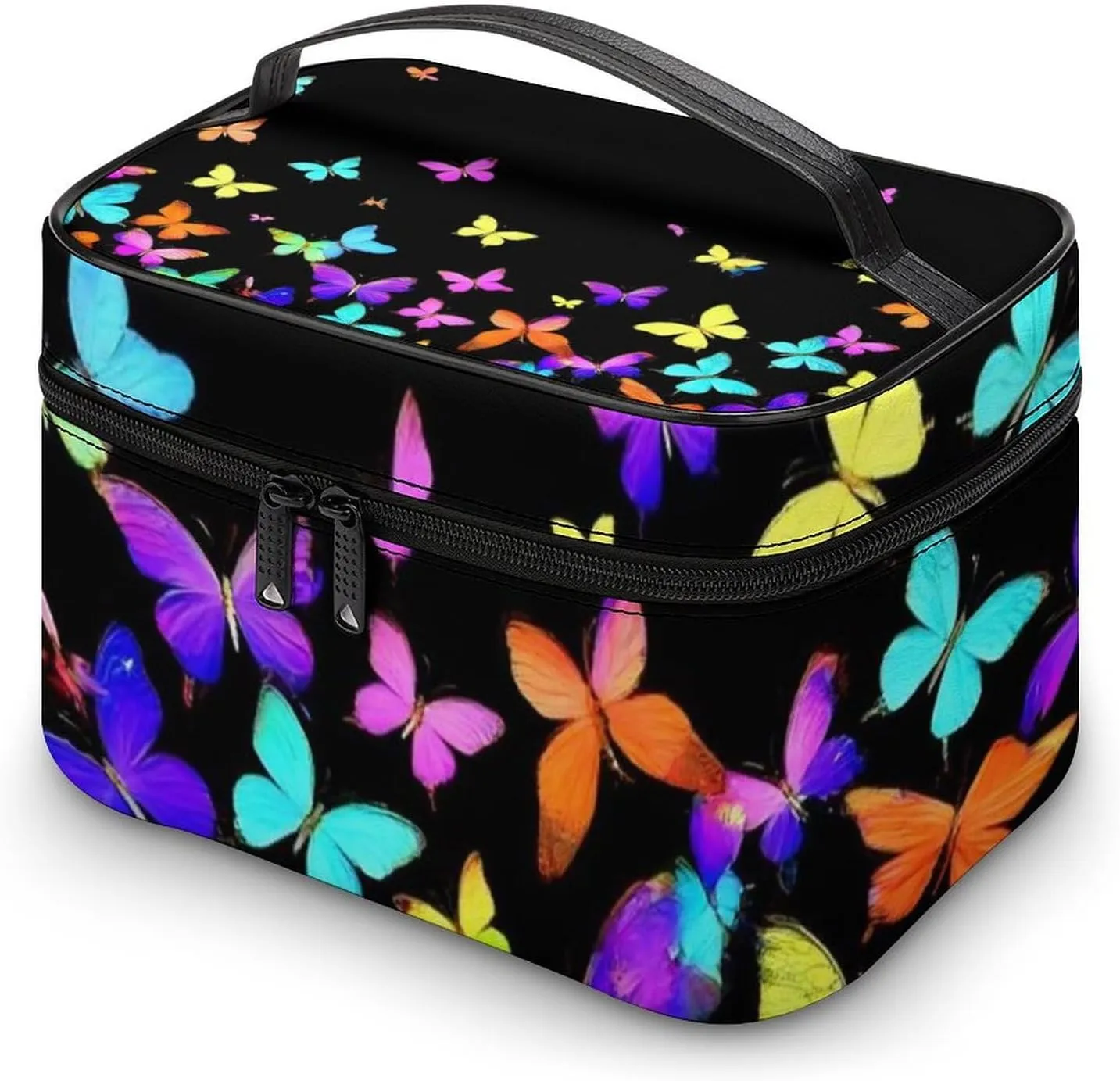 Stylish Cosmetic Bag for Women, Travel Toiletry Storage Bag with with Zipper Pouch Black Colorful Butterfly Makeup Organizer Case