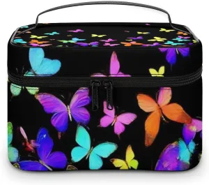 Stylish Cosmetic Bag for Women, Travel Toiletry Storage Bag with with Zipper Pouch Black Colorful Butterfly Makeup Organizer Case