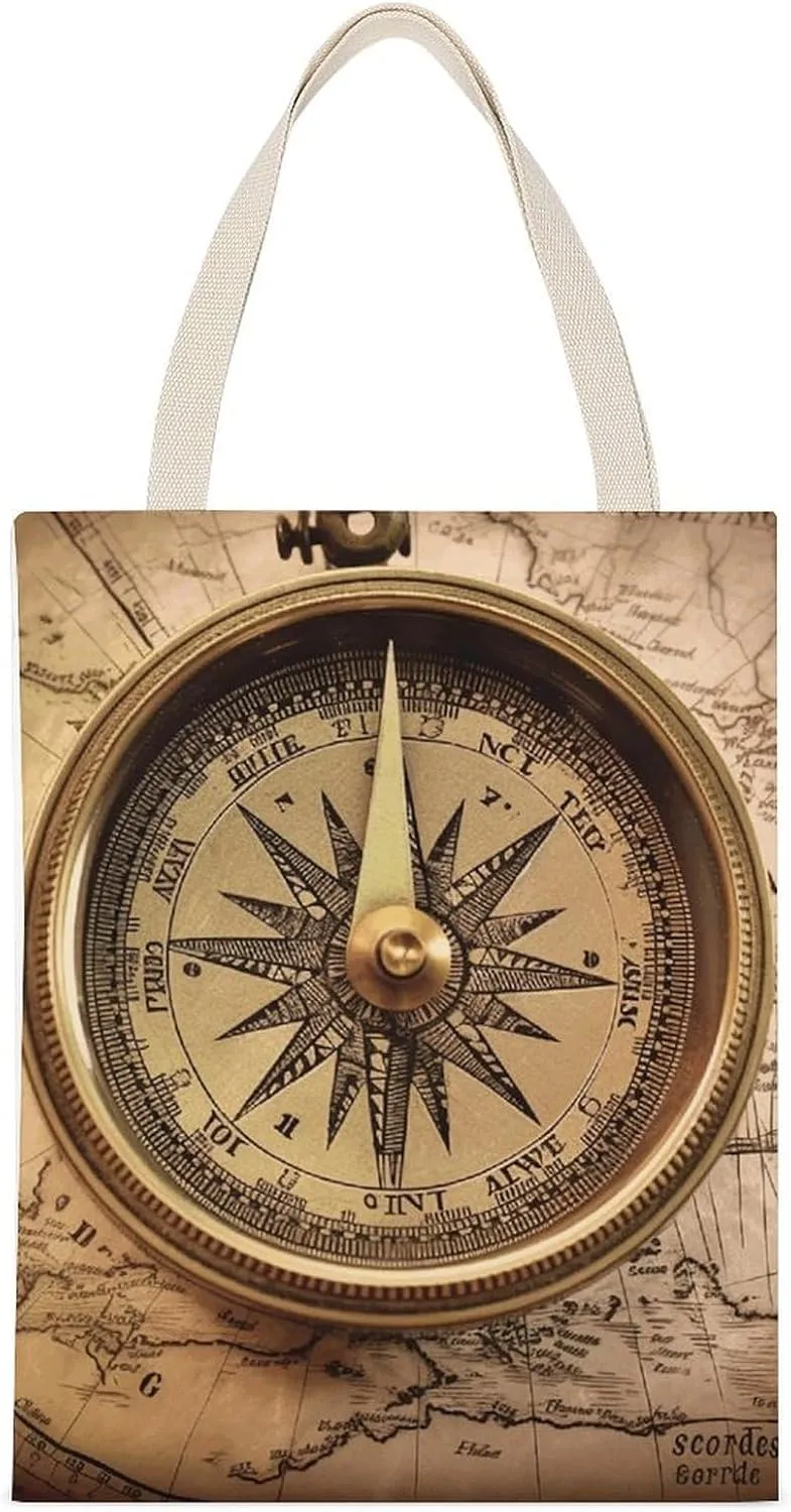 Stylish Shoulder Bag, Compass Navigation Print Reusable Grocery Bag Large Canvas Tote Versatile Handbag All-purpose Tote