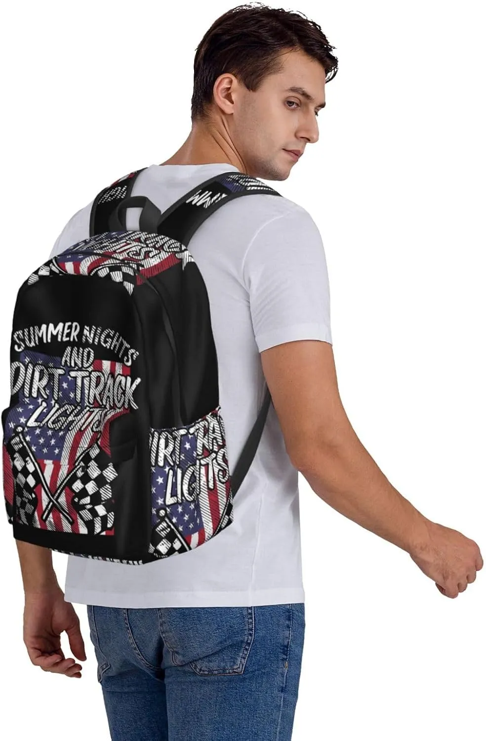 Summer Nights Dirt Track Lights Flag Motocross Racing Backpack Large Capacity Backpack Lightweight Double Shoulder Bag For Women Men Travel