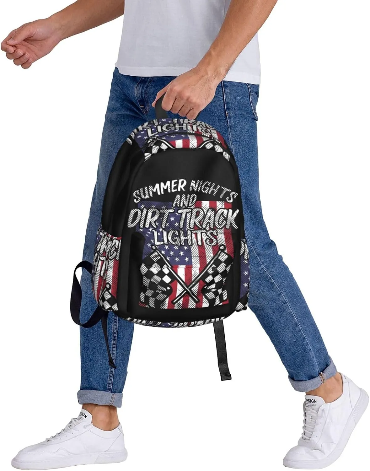 Summer Nights Dirt Track Lights Flag Motocross Racing Backpack Large Capacity Backpack Lightweight Double Shoulder Bag For Women Men Travel