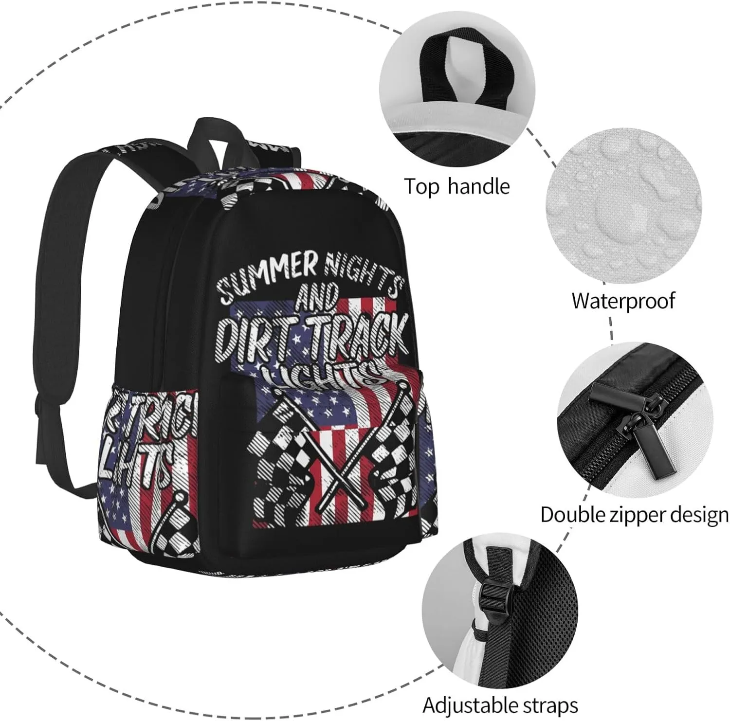 Summer Nights Dirt Track Lights Flag Motocross Racing Backpack Large Capacity Backpack Lightweight Double Shoulder Bag For Women Men Travel