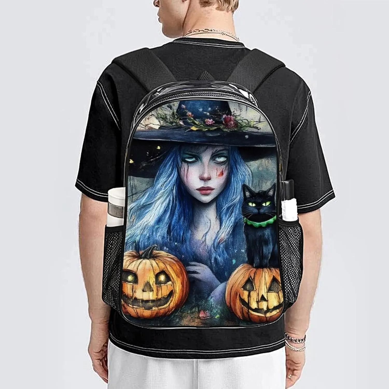 Supdreamc Daypack Backpack Multipurpose Anti-Theft Large Capacity Bookbag - Halloween Pumpkin Black Cat Magic Witch Painting Travel Hiking & Camping Rucksack Transparent Bag