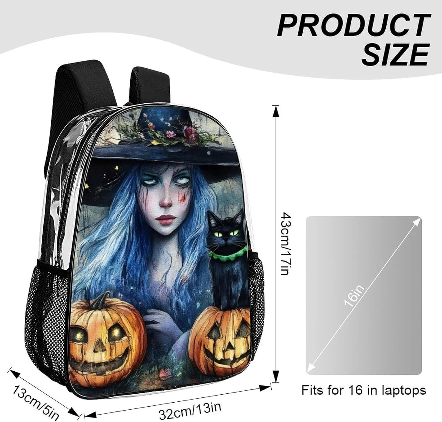 Supdreamc Daypack Backpack Multipurpose Anti-Theft Large Capacity Bookbag - Halloween Pumpkin Black Cat Magic Witch Painting Travel Hiking & Camping Rucksack Transparent Bag