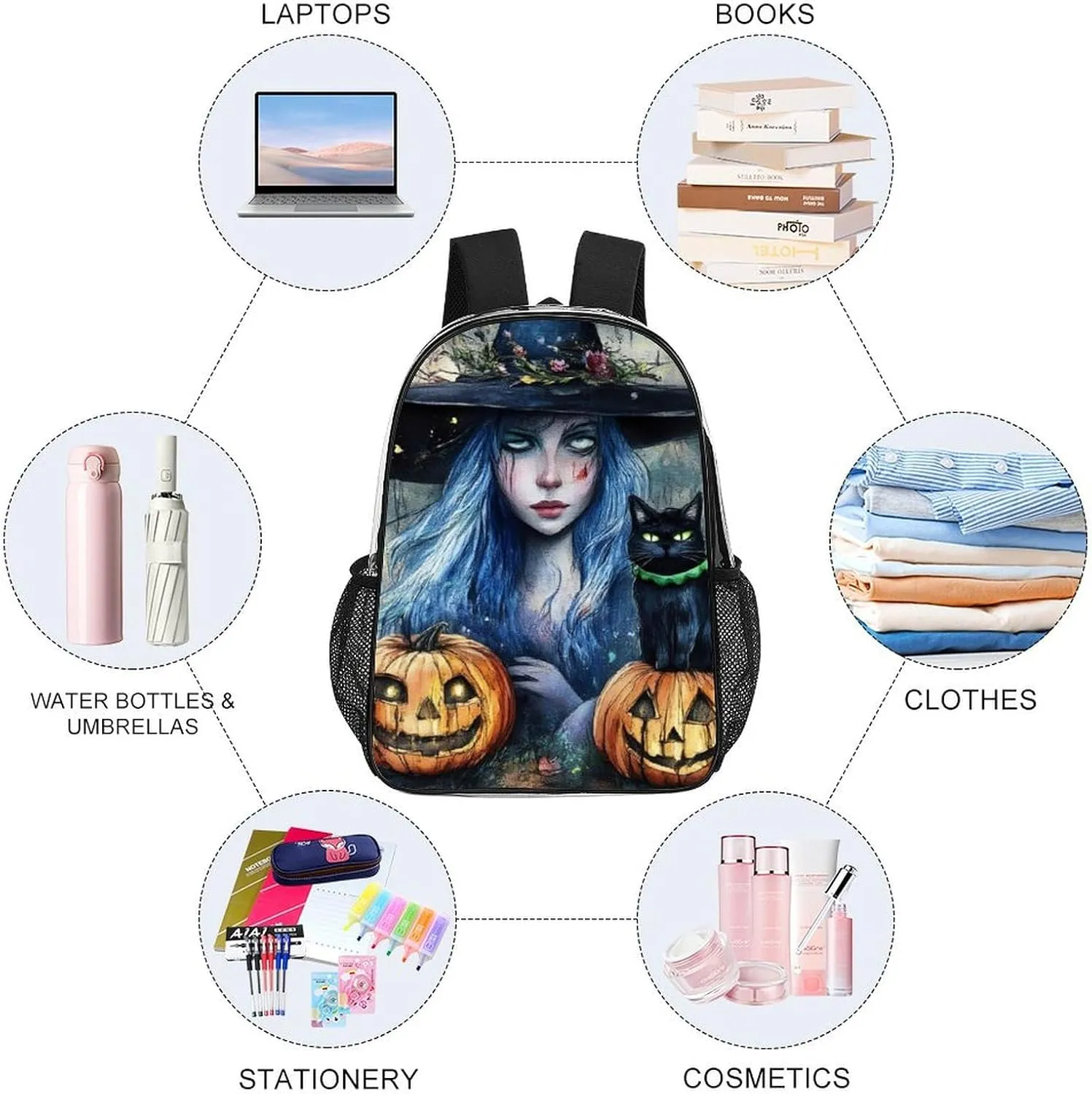 Supdreamc Daypack Backpack Multipurpose Anti-Theft Large Capacity Bookbag - Halloween Pumpkin Black Cat Magic Witch Painting Travel Hiking & Camping Rucksack Transparent Bag