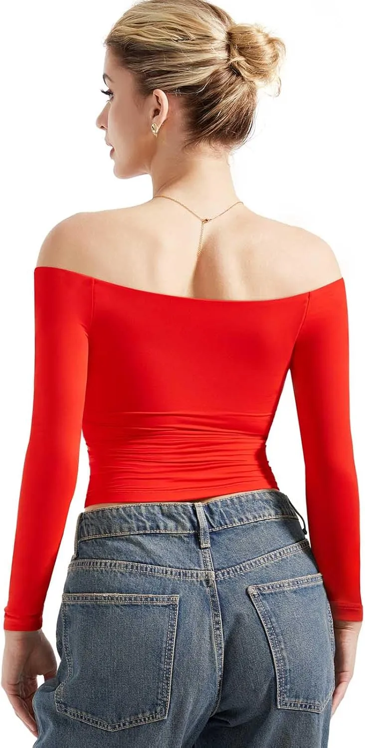 SUUKSESS Women Off Shoulder Double Lined Long Sleeve Shirts Basic Going Out Tops