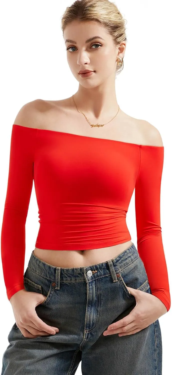 SUUKSESS Women Off Shoulder Double Lined Long Sleeve Shirts Basic Going Out Tops