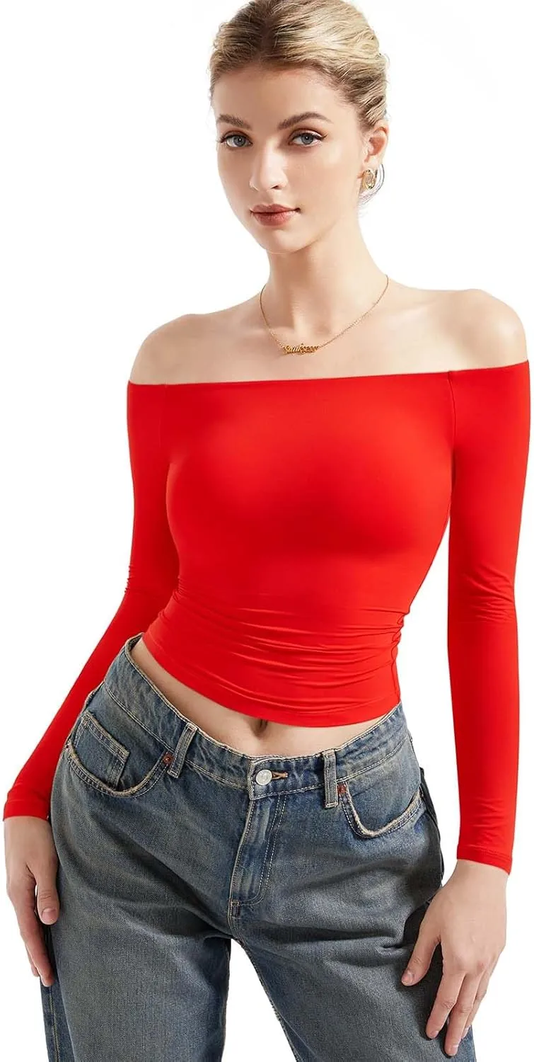 SUUKSESS Women Off Shoulder Double Lined Long Sleeve Shirts Basic Going Out Tops