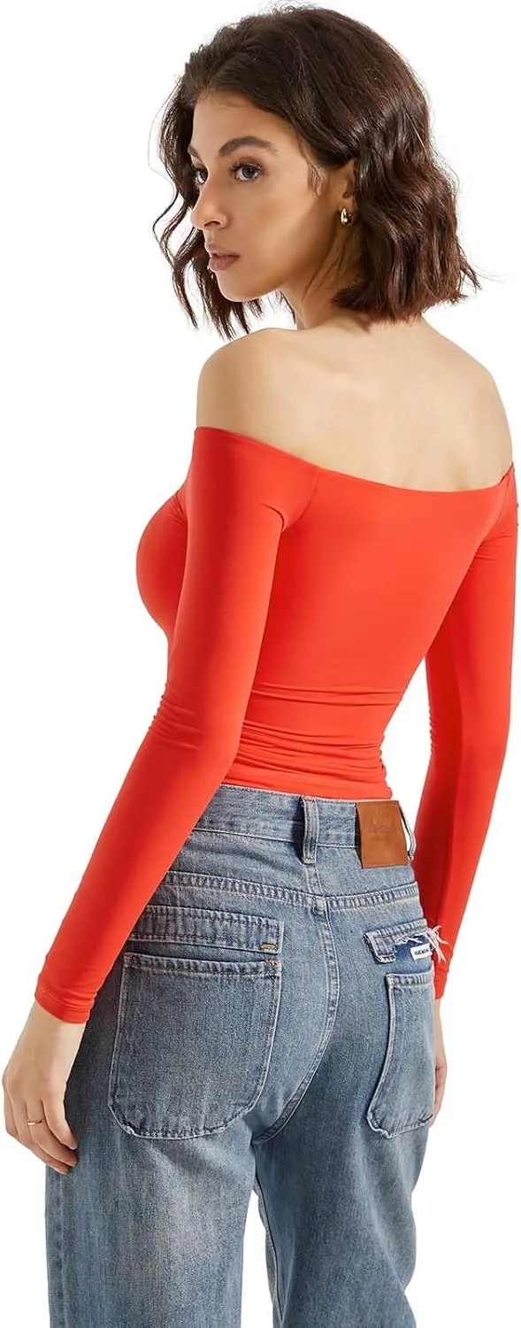 SUUKSESS Women Off Shoulder Double Lined Long Sleeve Shirts Basic Going Out Tops