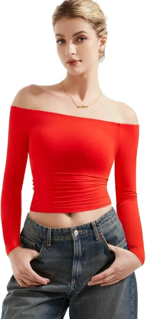 SUUKSESS Women Off Shoulder Double Lined Long Sleeve Shirts Basic Going Out Tops