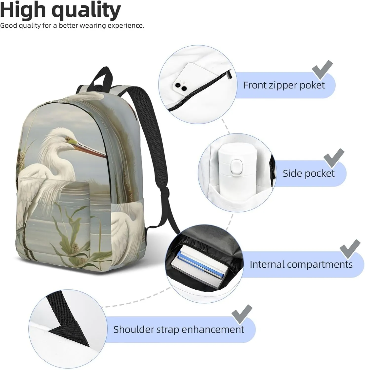 Swamp Egret Large Canvas Backpack Lightweight Adjustable Laptop Bag Casual Backpack For Travel Work Small