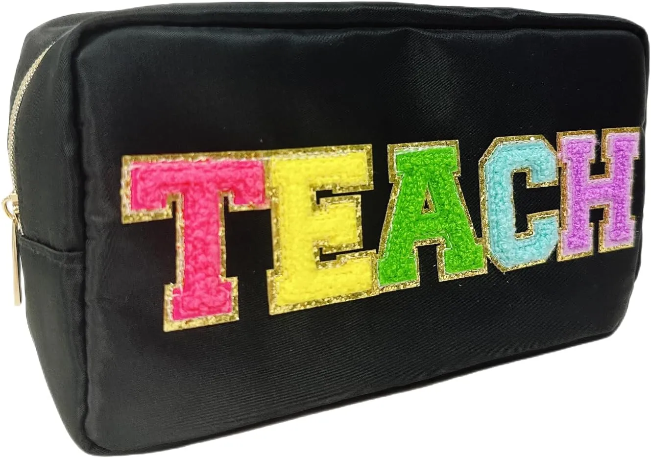 Teacher Appreciation Gifts Letter Patch Nylon Makeup Bag Pencil Bag Chenille Varsity Letter Patches Makeup Zipper Pouch Retirement Birthday Teacher Gifts for Women(Teach-black)