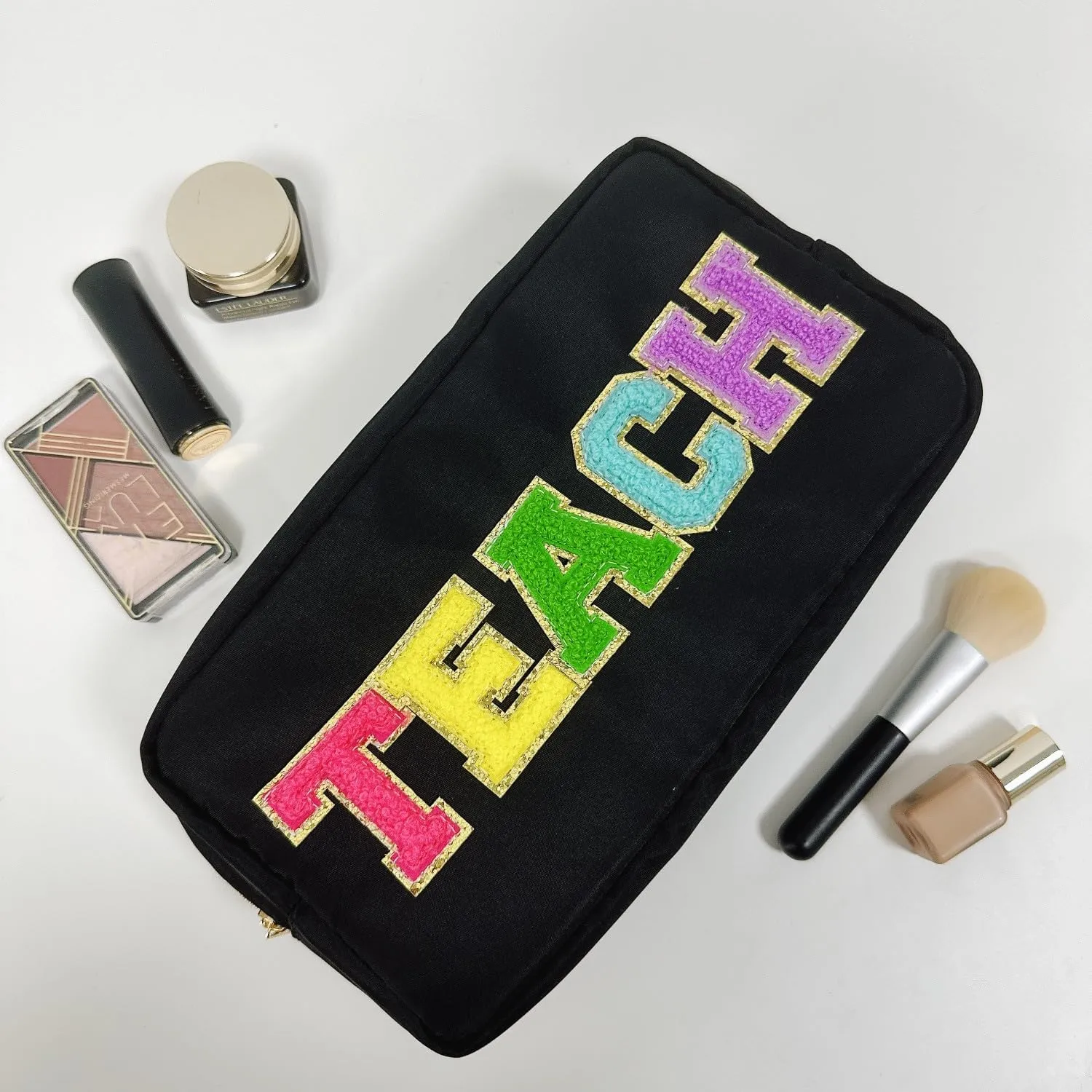 Teacher Appreciation Gifts Letter Patch Nylon Makeup Bag Pencil Bag Chenille Varsity Letter Patches Makeup Zipper Pouch Retirement Birthday Teacher Gifts for Women(Teach-black)