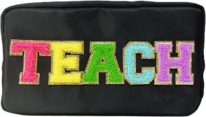 Teacher Appreciation Gifts Letter Patch Nylon Makeup Bag Pencil Bag Chenille Varsity Letter Patches Makeup Zipper Pouch Retirement Birthday Teacher Gifts for Women(Teach-black)