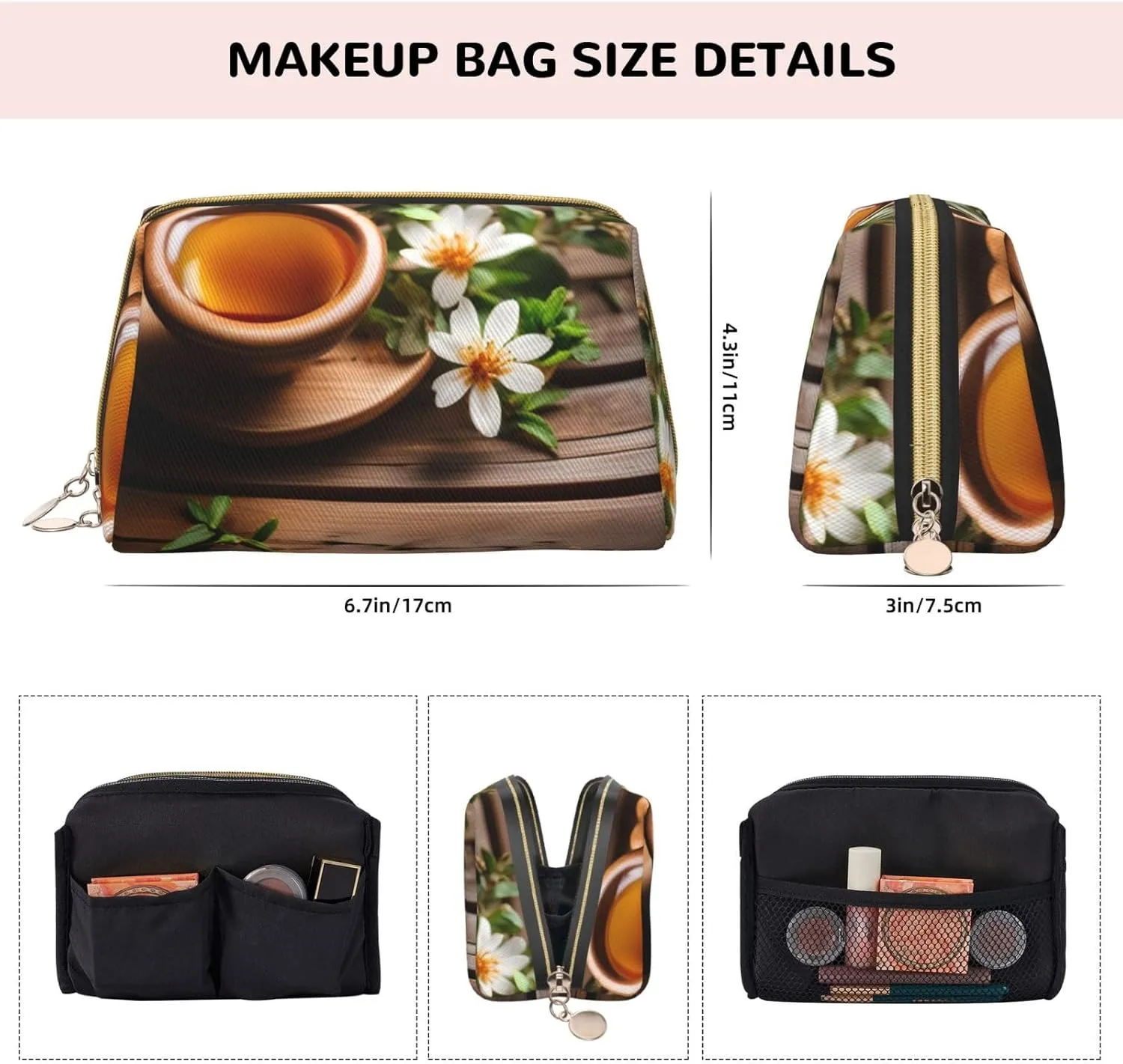 Teal Flower On Wooden Plank Travel Toiletry Organizer, Portable Makeup Bag For Women