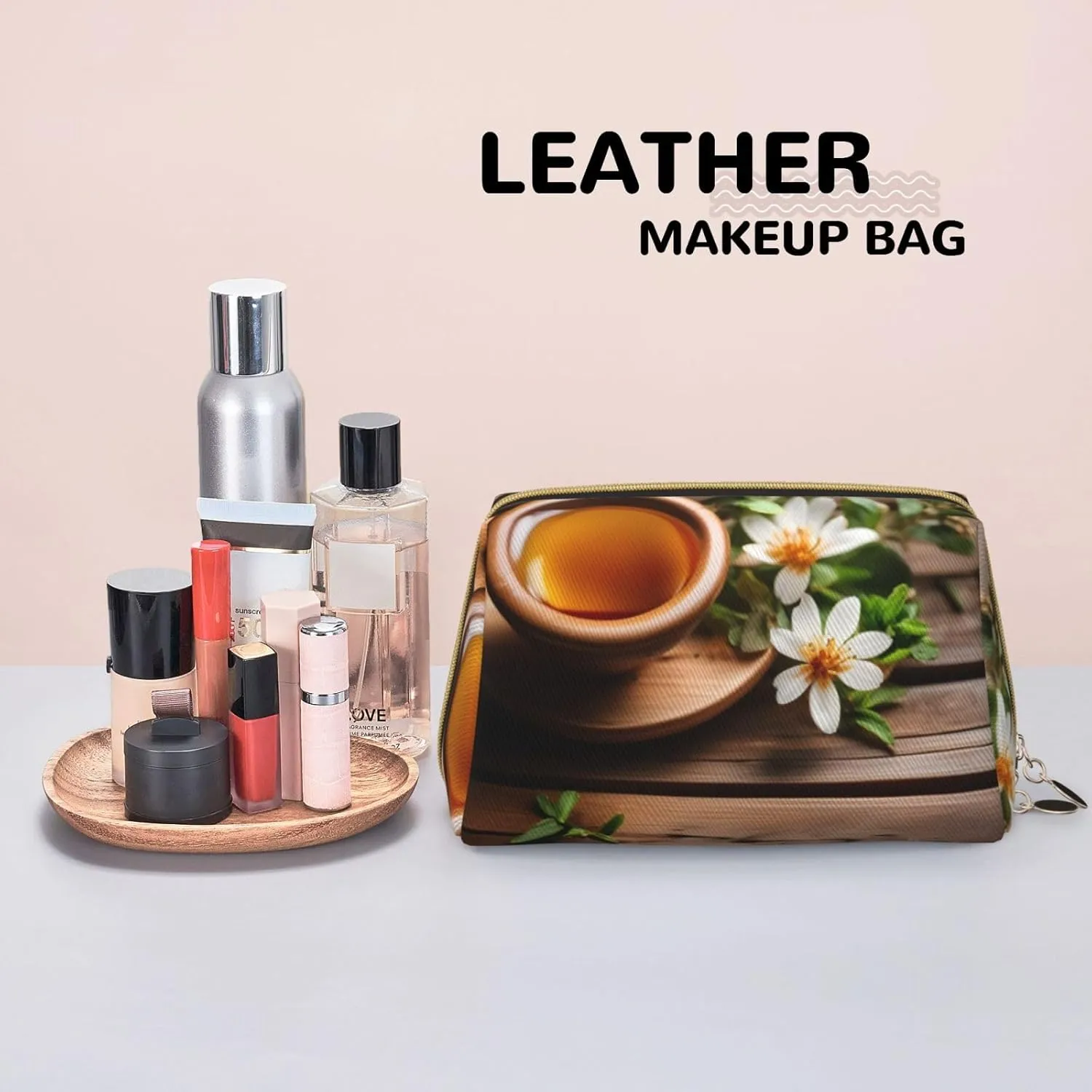 Teal Flower On Wooden Plank Travel Toiletry Organizer, Portable Makeup Bag For Women
