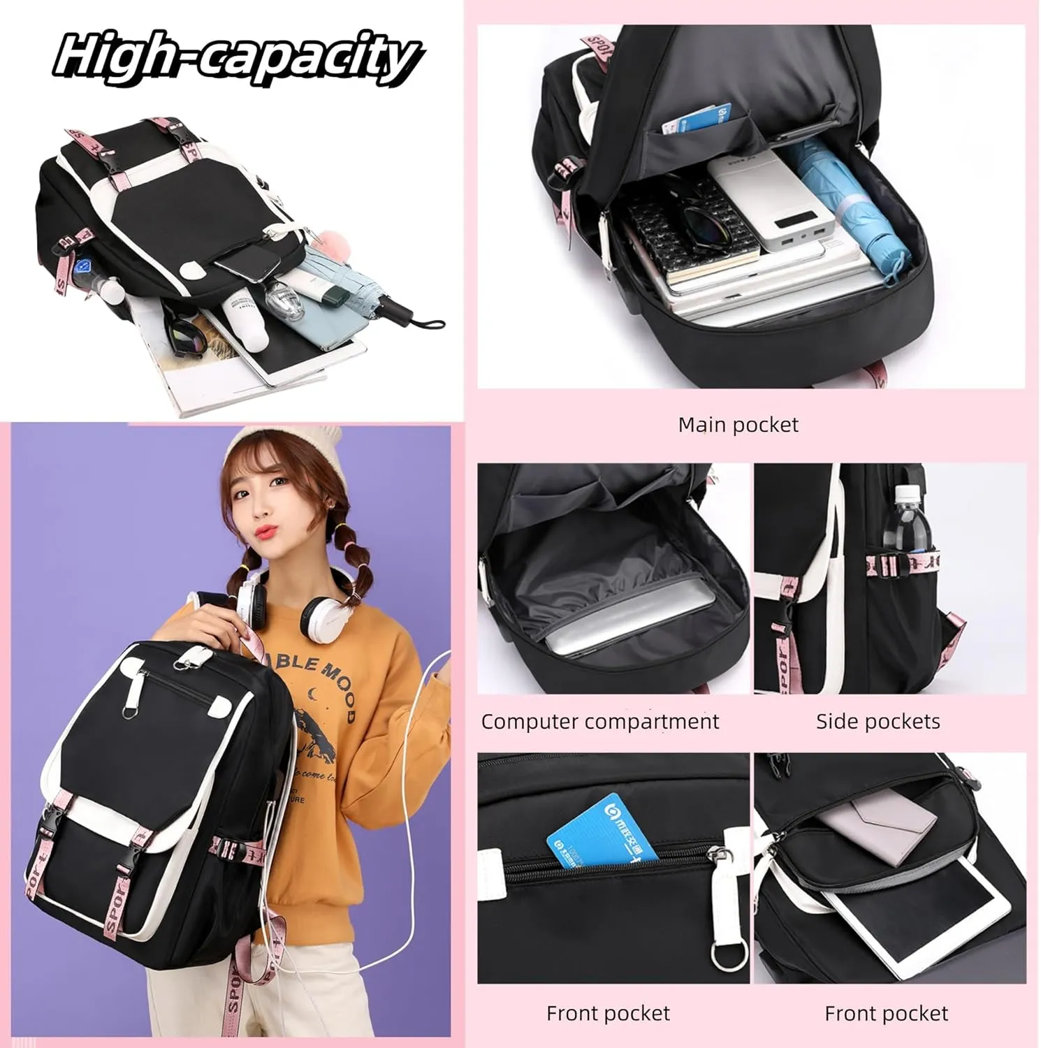 Teenage Girls Backpack 20 Liters Schoolbag Waterproof Bookbag for Girls Color blocking Daypack for Teenage(Black Blue)