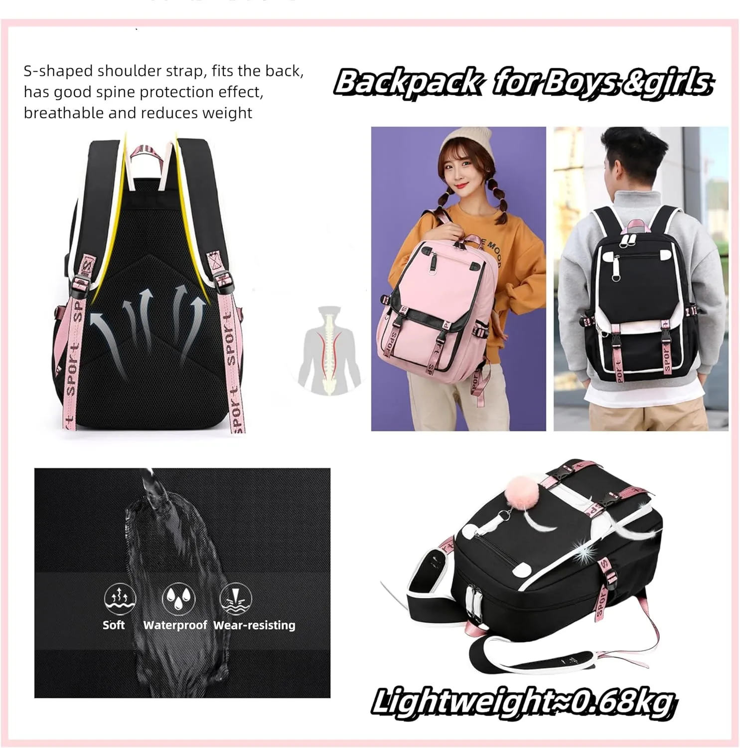 Teenage Girls Backpack 20 Liters Schoolbag Waterproof Bookbag for Girls Color blocking Daypack for Teenage(Black Blue)