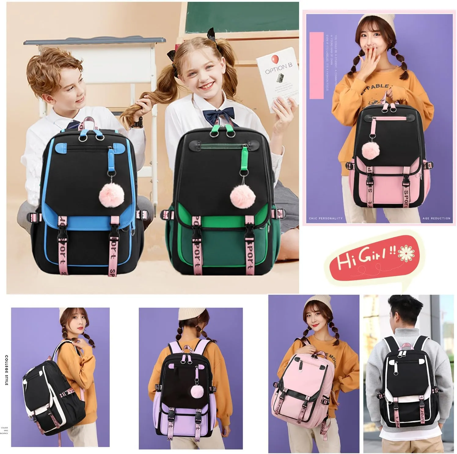 Teenage Girls Backpack 20 Liters Schoolbag Waterproof Bookbag for Girls Color blocking Daypack for Teenage(Black Blue)
