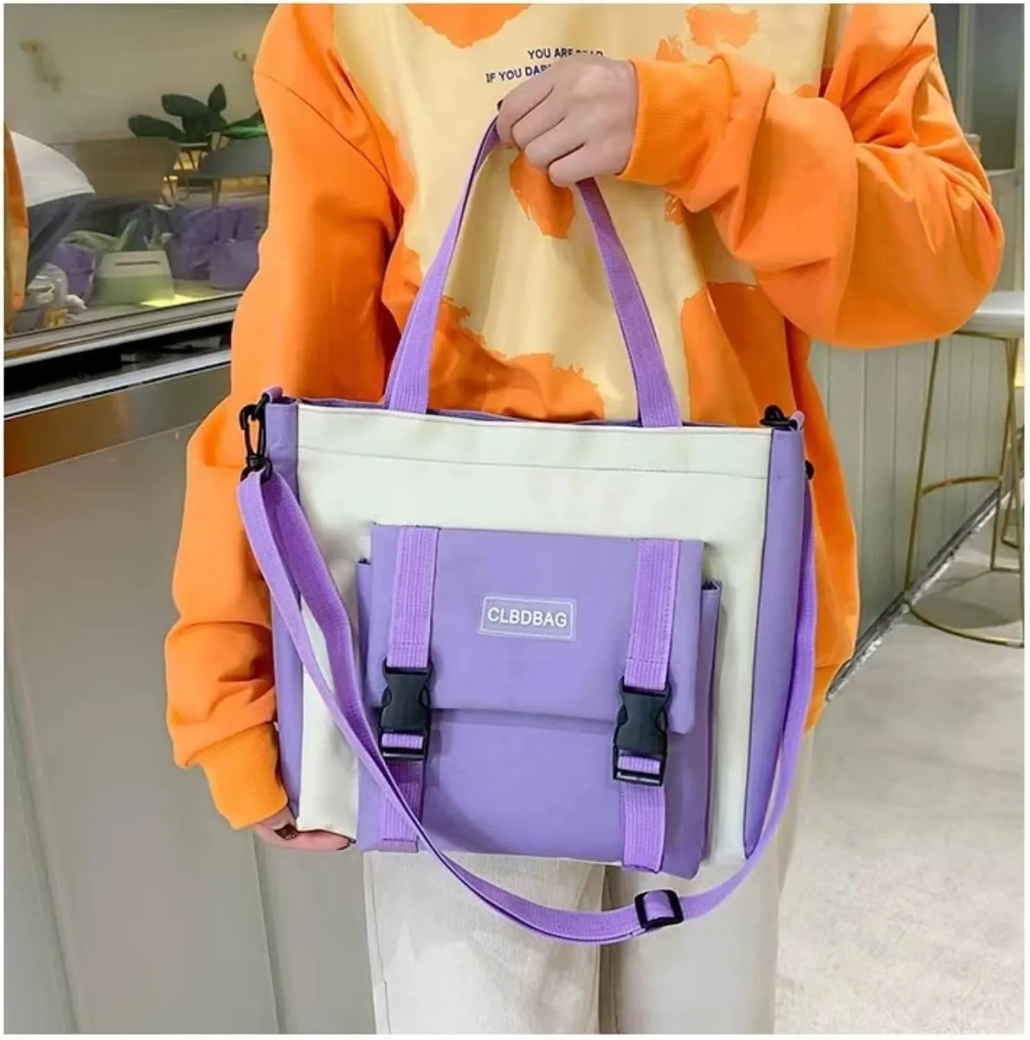 Teslawi kawaii backpack 4Pcs Set Aesthetic backpack 17in backpack，with Kawaii Pendants，Crossbody Bag ，Pencil Case, Handbag (Purple)