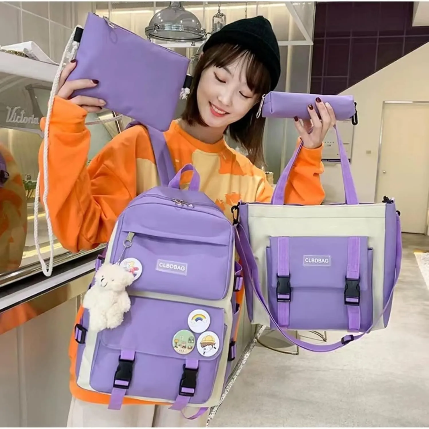 Teslawi kawaii backpack 4Pcs Set Aesthetic backpack 17in backpack，with Kawaii Pendants，Crossbody Bag ，Pencil Case, Handbag (Purple)