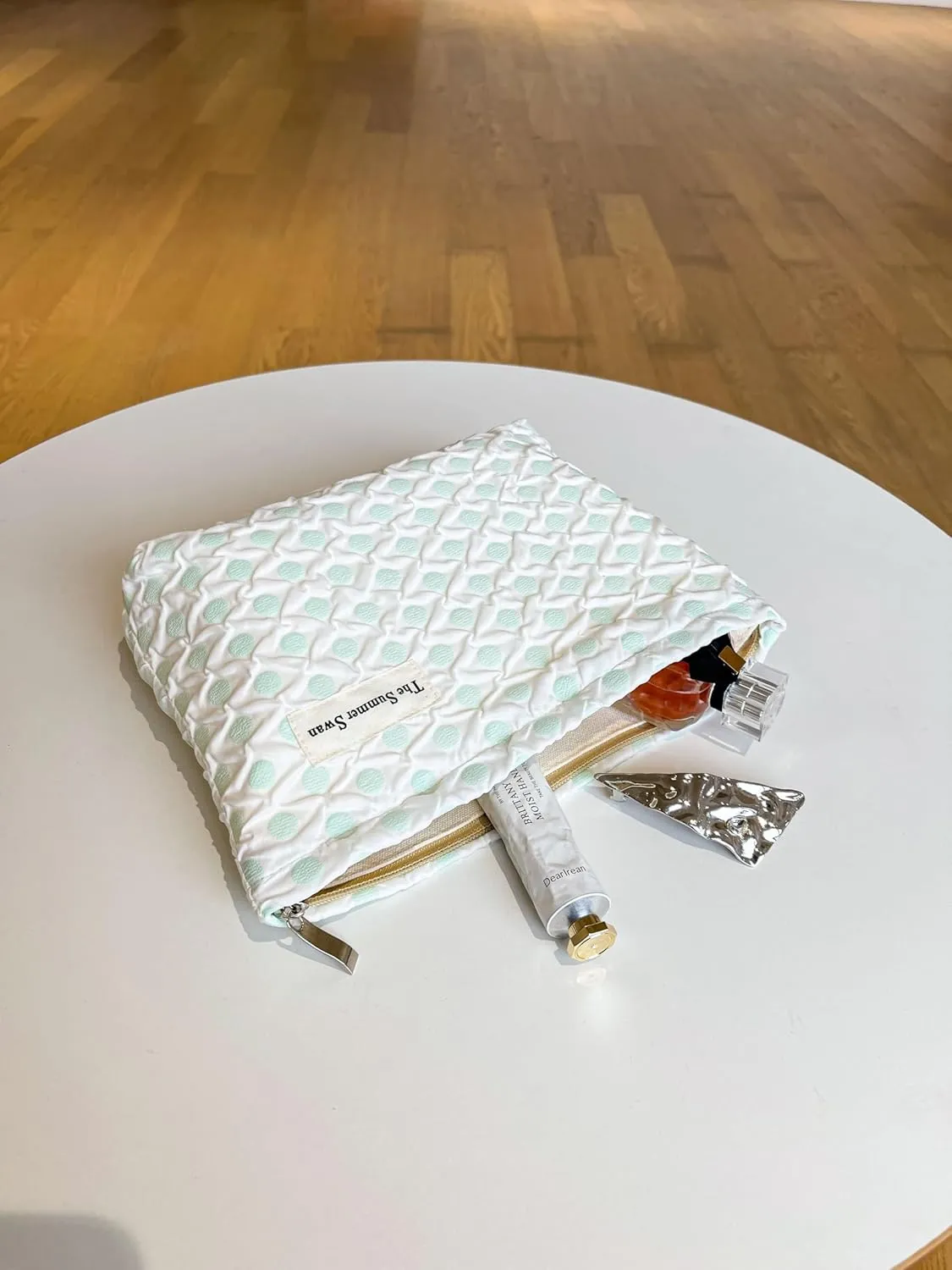 The Summer Swan | Large Floral Mid-day Clutch | Period Kit Hygiene Skincare Bag | Cute Polka Dots Green Makeup Bag