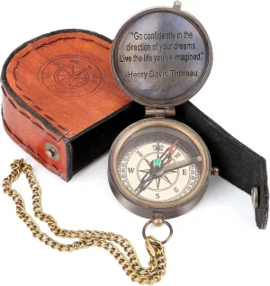 Thoreau's Go Confidently Quote Engraved on Compass with Authentic Leather Case, Adventures, Christmas, Birthday, Religious & Baptism, Inspirational or Graduation Day Gift
