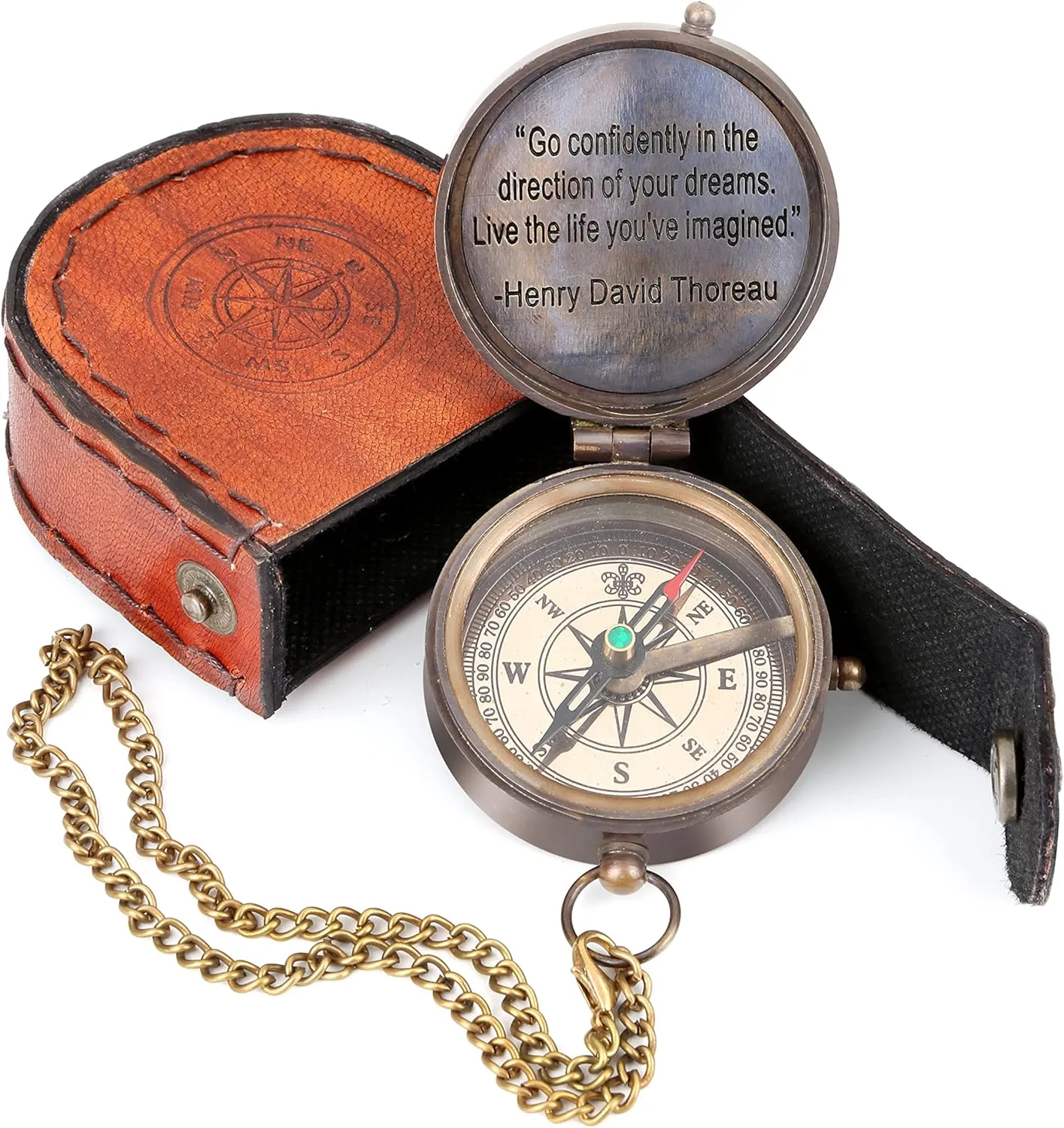 Thoreau's Go Confidently Quote Engraved on Compass with Authentic Leather Case, Adventures, Christmas, Birthday, Religious & Baptism, Inspirational or Graduation Day Gift