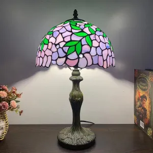 Tiffany Style Stained Glass Green Leaves Table Lamp Vintage Blue Wisteria Flower Desk Lamp Bedroom Bedside Decoration Lamp, Study Room Reading Lamp, 12 Inch,Purple