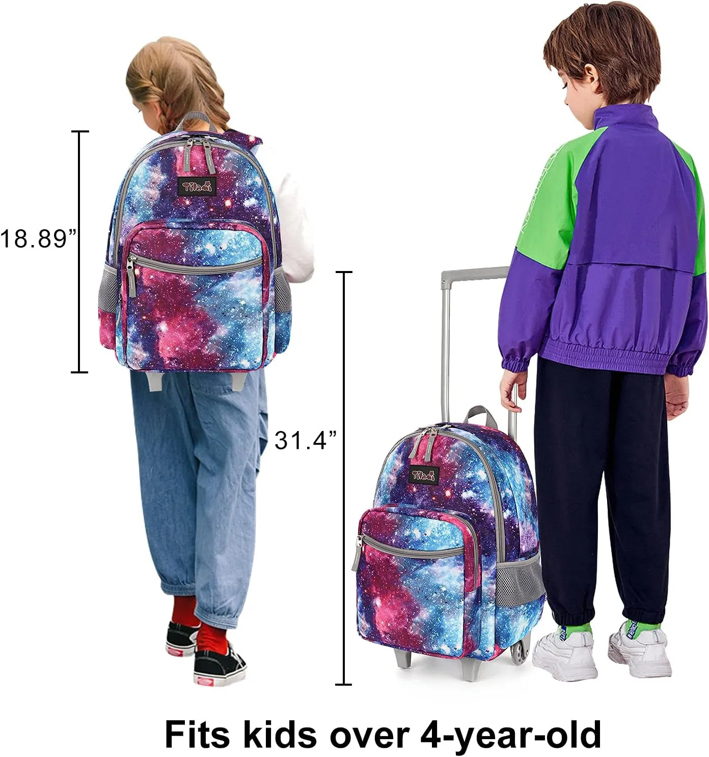 Tilami Rolling Backpack 18 inch Double Handle with Lunch Bag Wheeled Kids Backpack for Girls and Boys, Galaxy