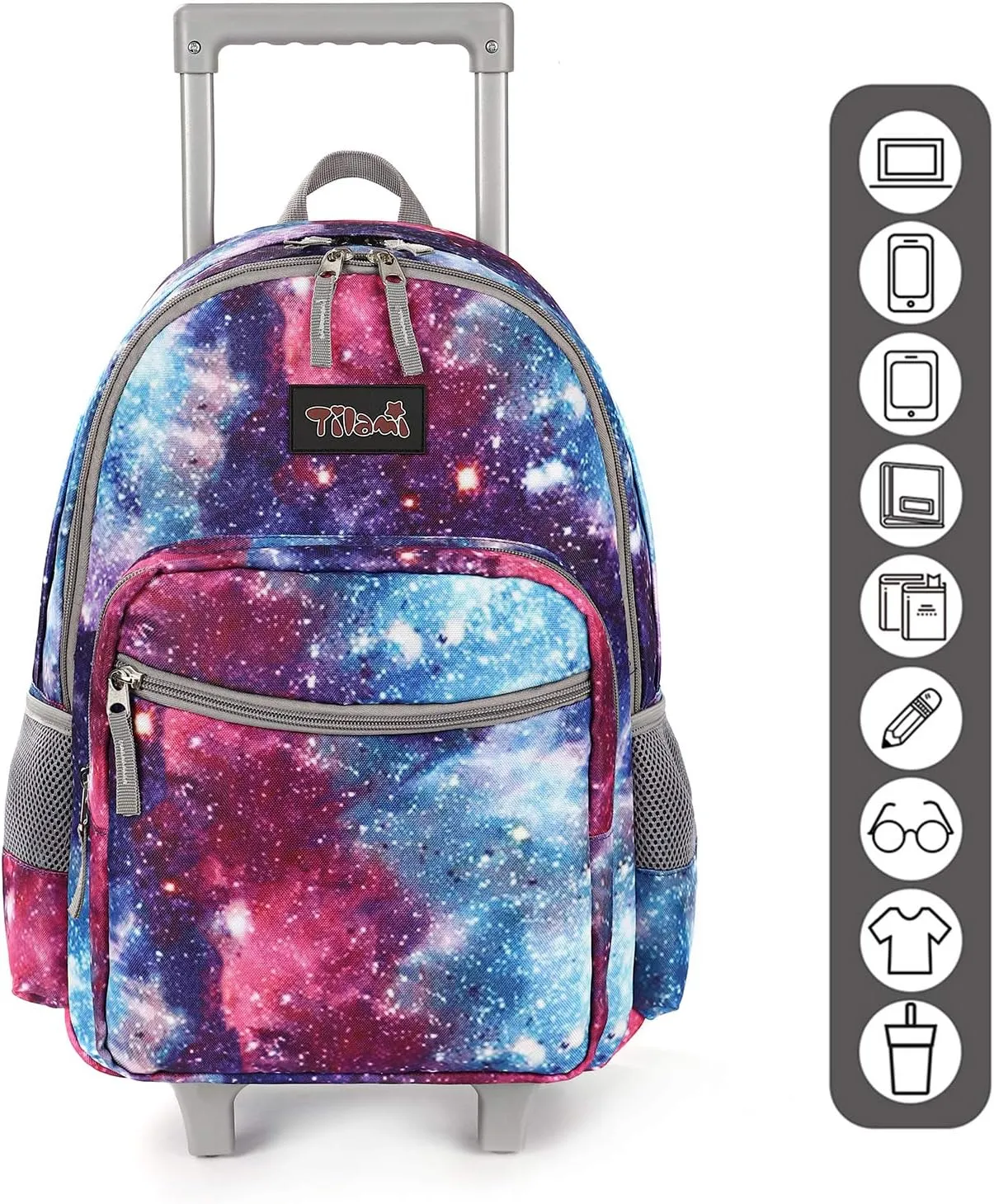 Tilami Rolling Backpack 18 inch Double Handle with Lunch Bag Wheeled Kids Backpack for Girls and Boys, Galaxy