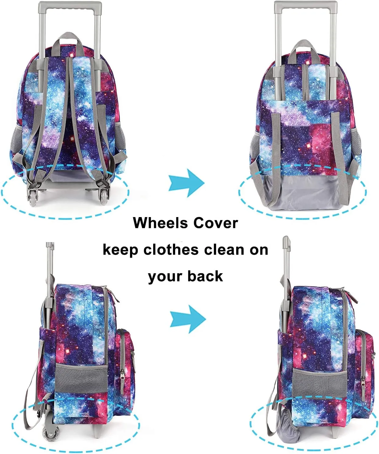 Tilami Rolling Backpack 18 inch Double Handle with Lunch Bag Wheeled Kids Backpack for Girls and Boys, Galaxy