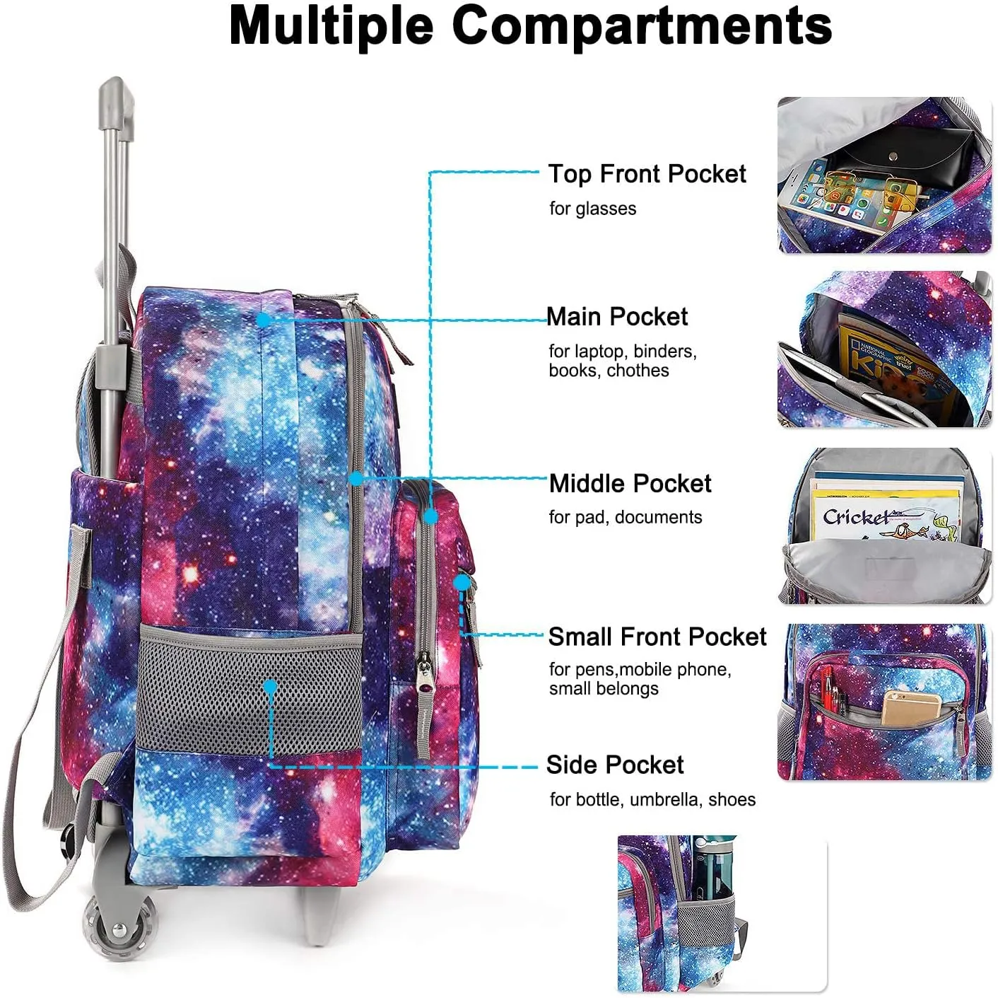 Tilami Rolling Backpack 18 inch Double Handle with Lunch Bag Wheeled Kids Backpack for Girls and Boys, Galaxy